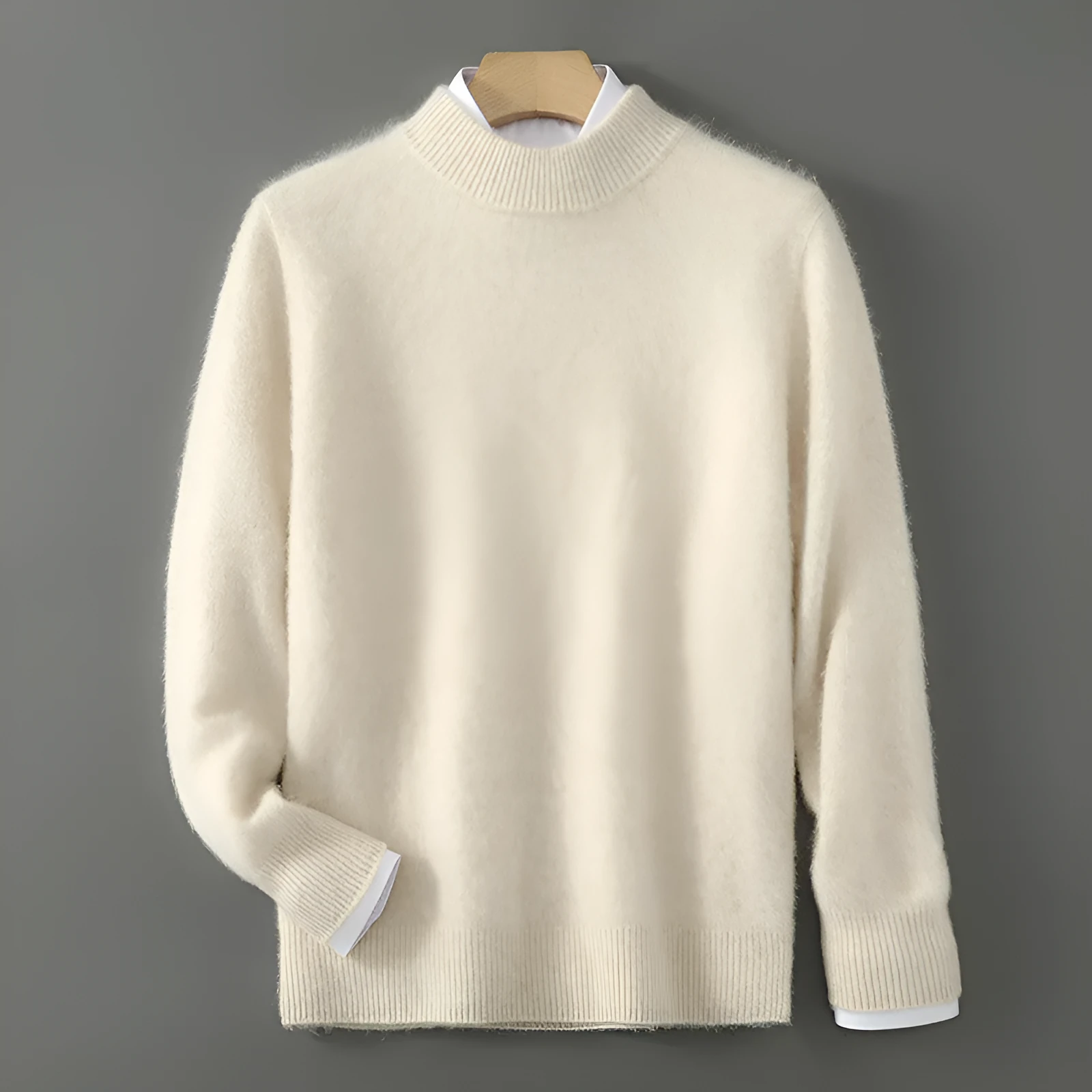 Men's half turtleneck wool blend pullover sweater in beige with loose batwing sleeves, thick knit, long sleeves, plus size fit