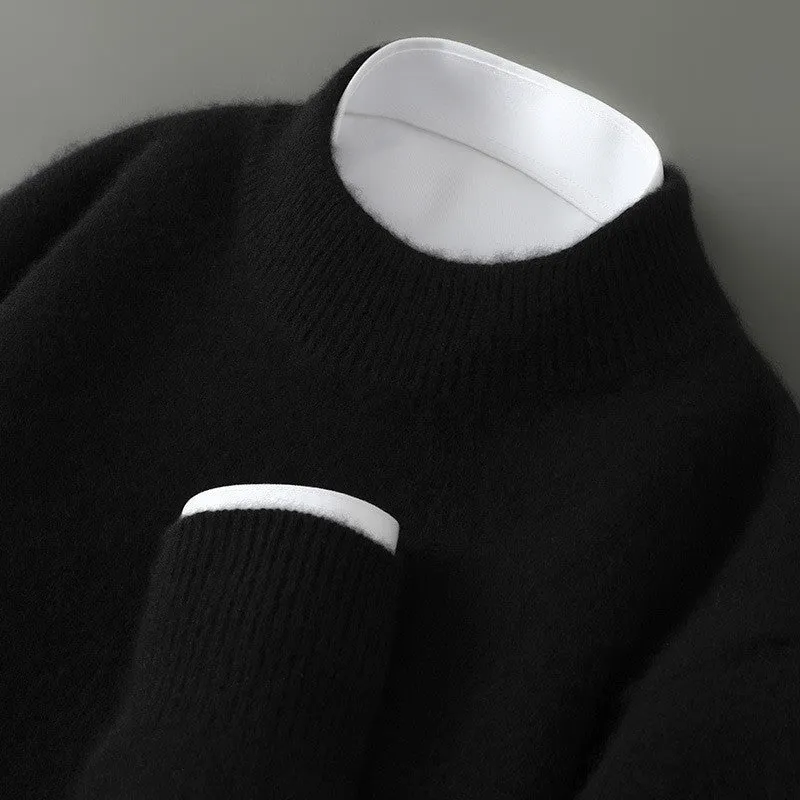 Men's half turtleneck wool blend pullover sweater in beige with loose batwing sleeves, thick knit, long sleeves, plus size fit