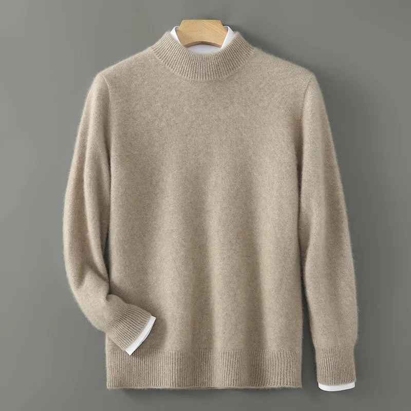 Men's half turtleneck wool blend pullover sweater in beige with loose batwing sleeves, thick knit, long sleeves, plus size fit