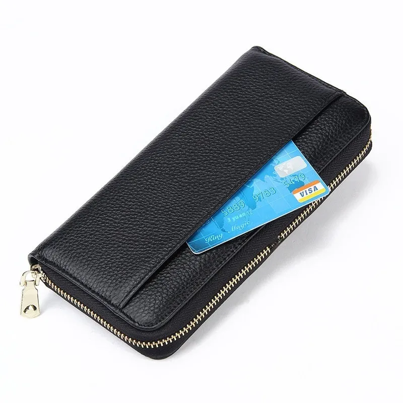 Women's genuine leather long wallet in six colour options with anti-theft card swiping functionality
