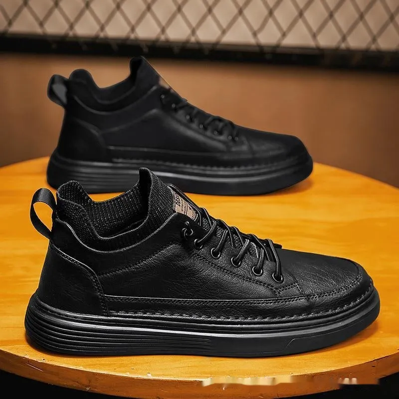 Men's black non-slip lightweight EVA sole sneakers with round toe and laces on plain background