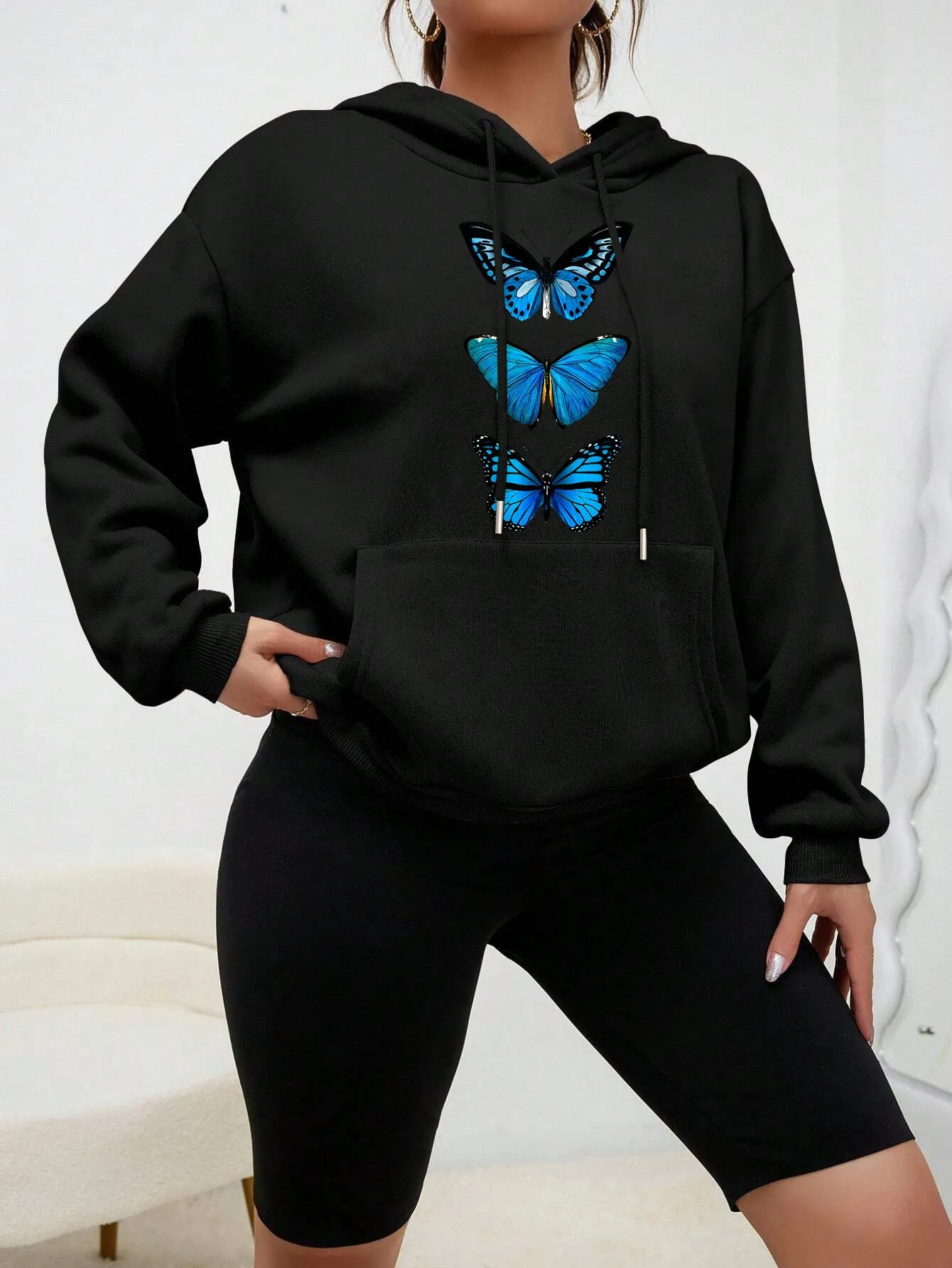 Sweet hooded long sleeve street hipster printed pullover sweatshirt for women in loose fit, polyester fabric, beige colour