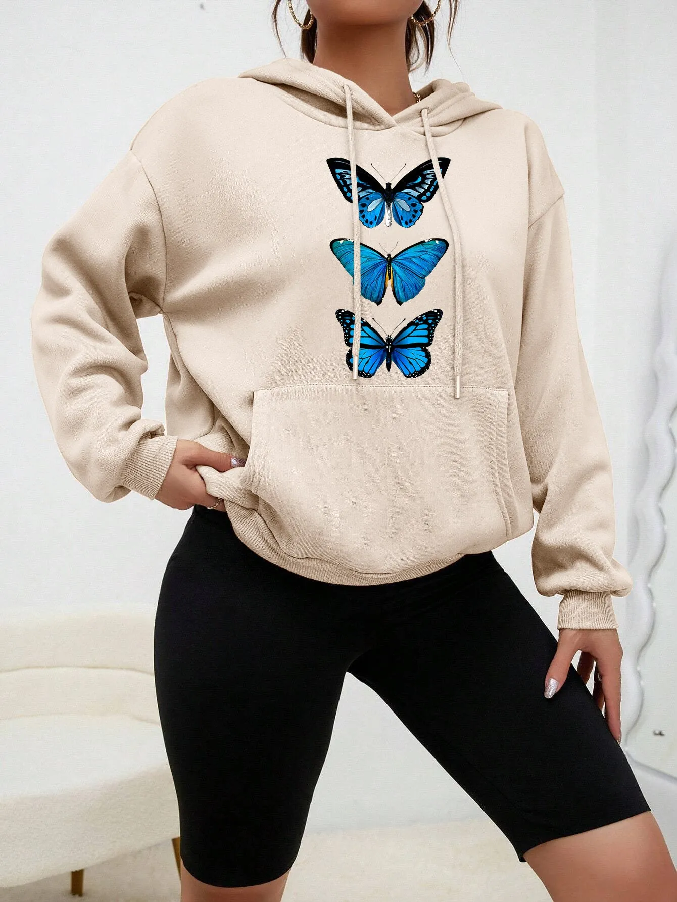 Sweet hooded long sleeve street hipster printed pullover sweatshirt for women in loose fit, polyester fabric, beige colour