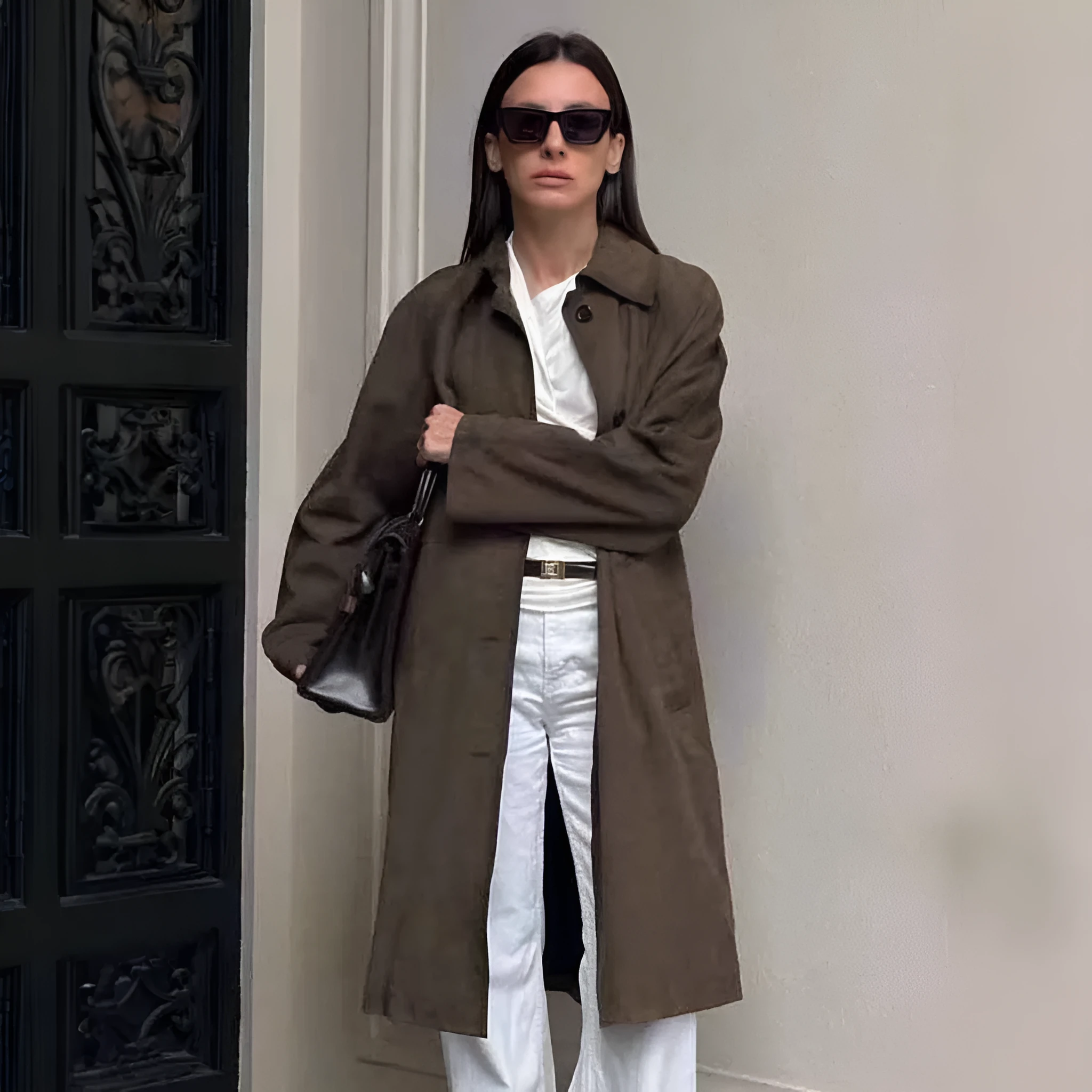 Vintage brown suede coat with loose lapels, raglan sleeves, and front pockets