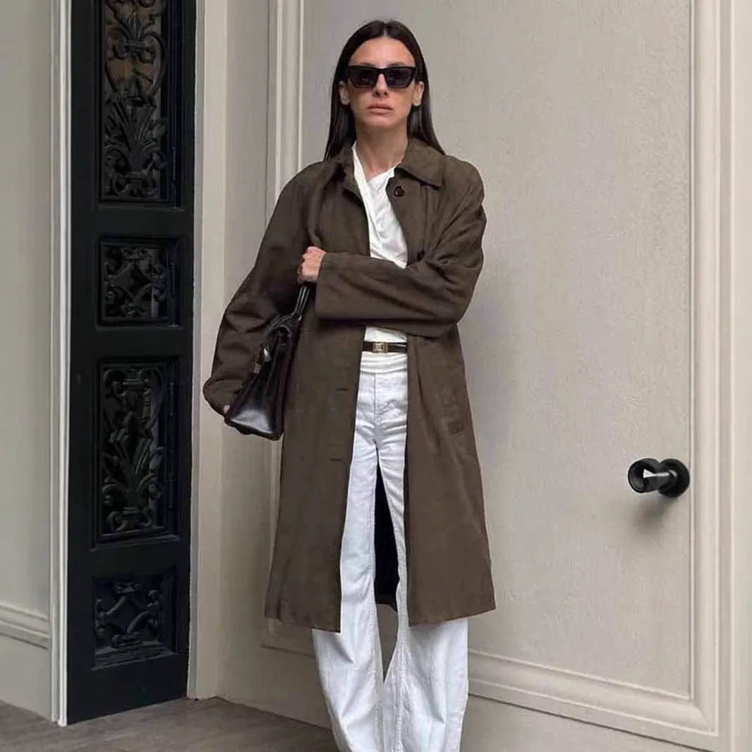 Vintage brown suede coat with loose lapels, raglan sleeves, and front pockets