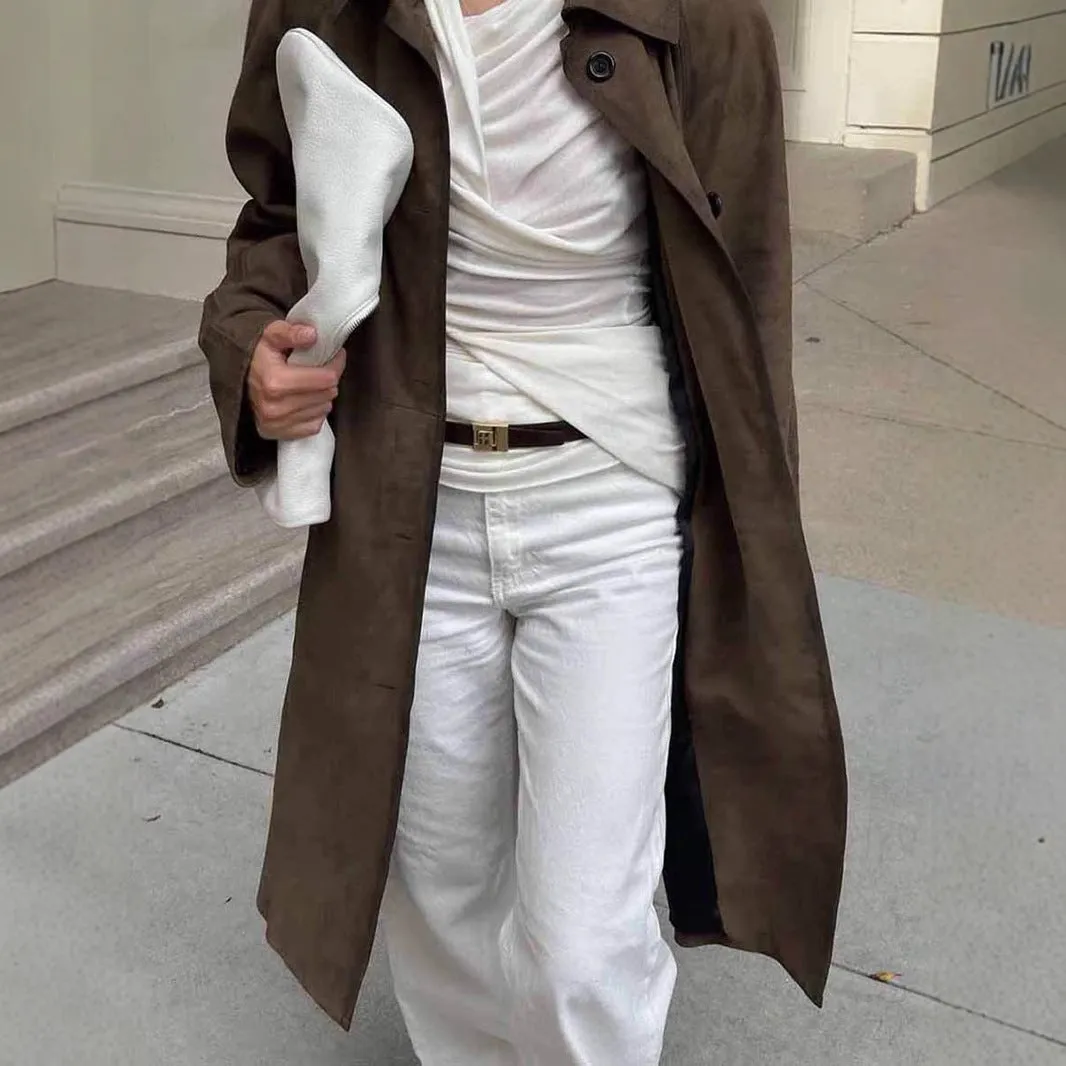Vintage brown suede coat with loose lapels, raglan sleeves, and front pockets