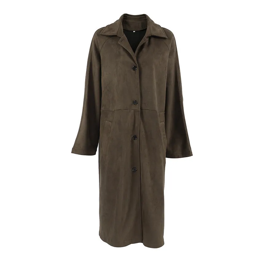 Vintage brown suede coat with loose lapels, raglan sleeves, and front pockets