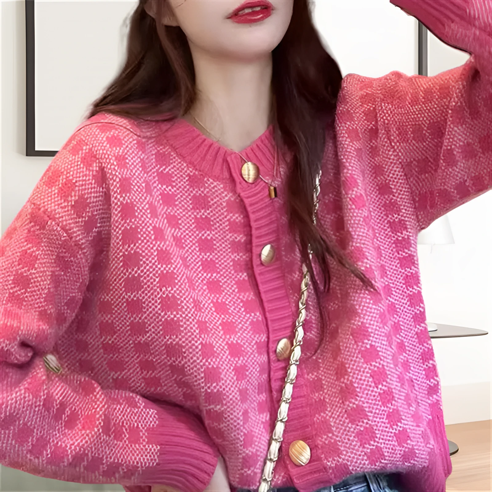 Women's plaid loose knitwear sweater coat cardigan in pink with button front and long sleeves