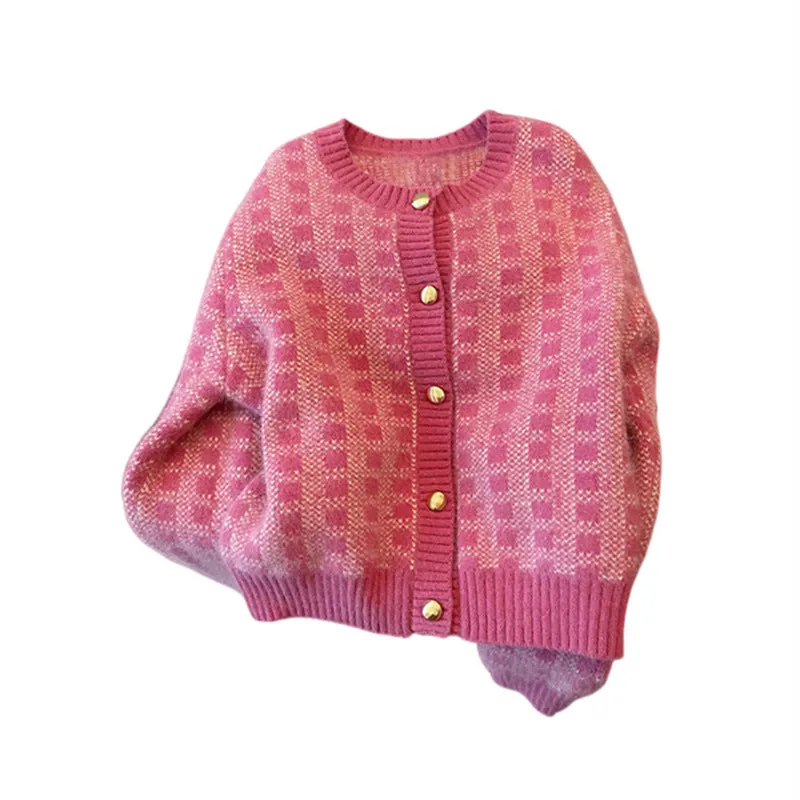 Women's plaid loose knitwear sweater coat cardigan in pink with button front and long sleeves