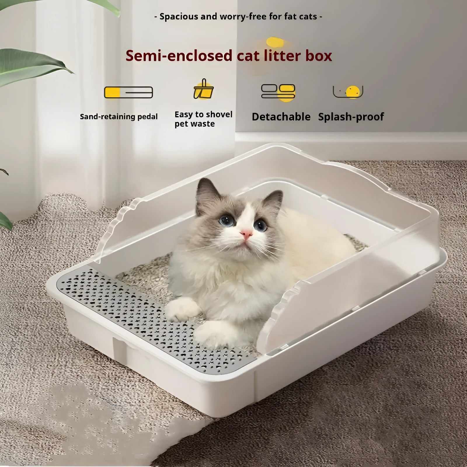 Extra large semi-closed cat litter box in milk cream white with shovel and deodorant bag, 43cm size