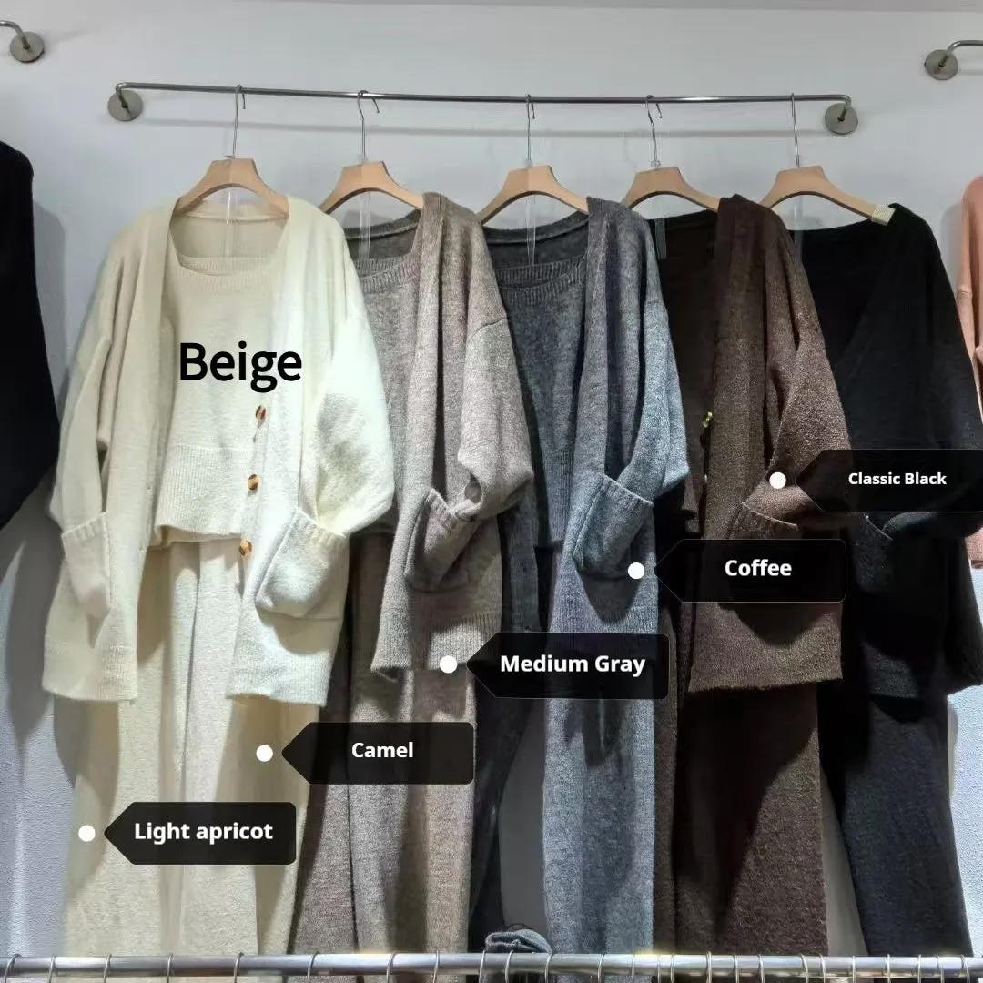 Women's light brown knit cardigan, vest, and casual pants three-piece set laid flat.