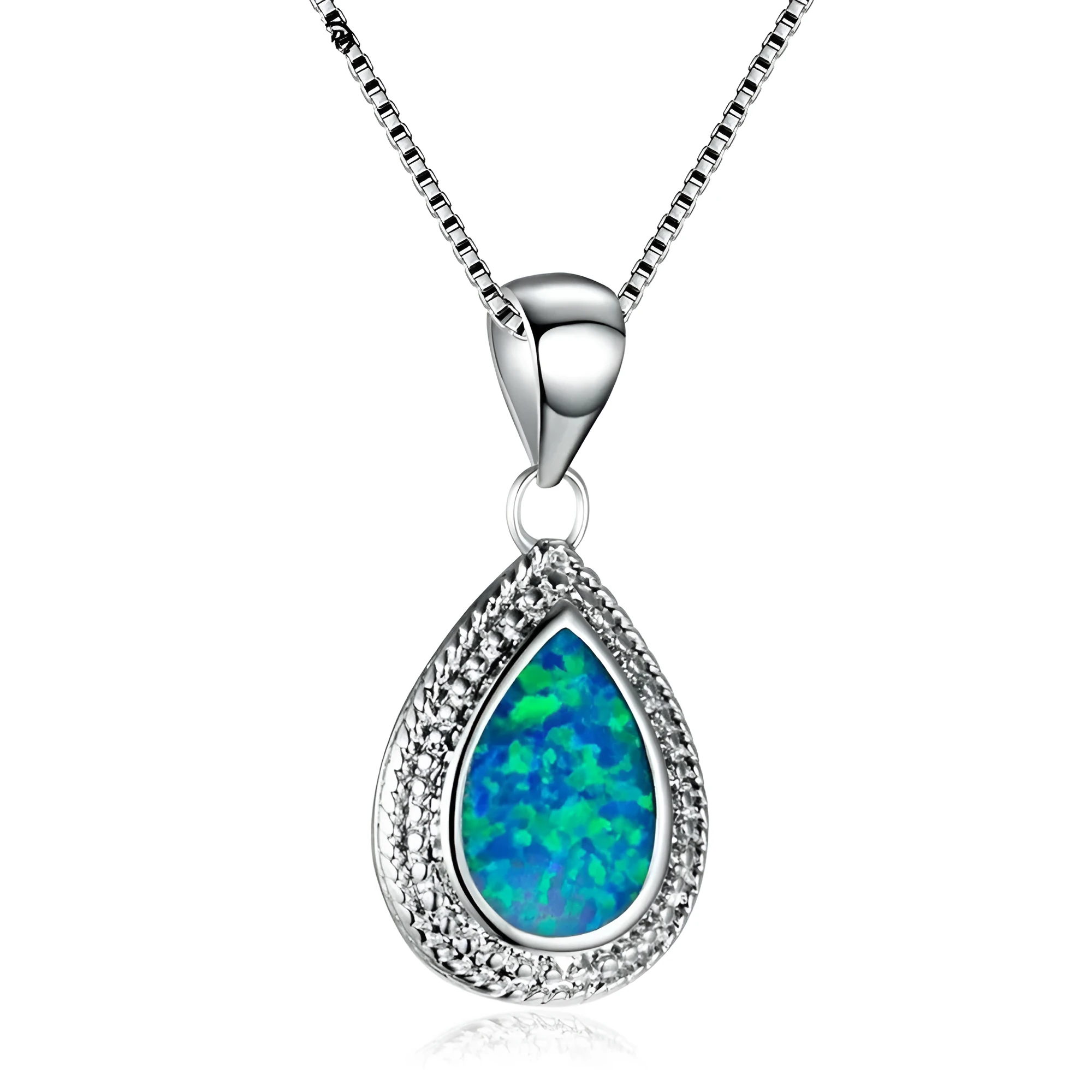 Opal fashion rhinestone zircon clavicle chain necklace with geometric pendant, blue colour option on display