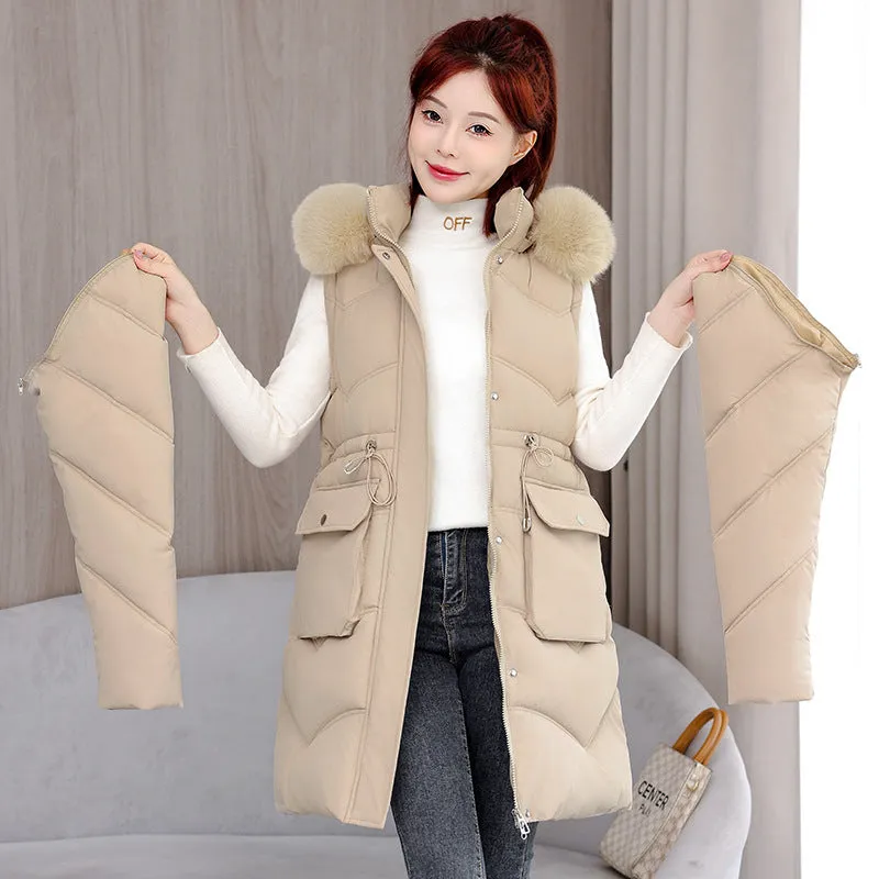 Women's mid-length cotton-padded jacket with removable fur collar in beige, loose fit, super thick polyester fabric, side view