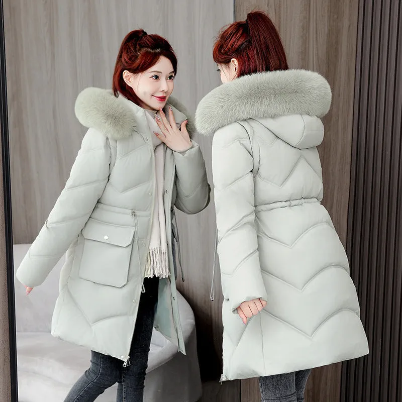 Women's mid-length cotton-padded jacket with removable fur collar in beige, loose fit, super thick polyester fabric, side view