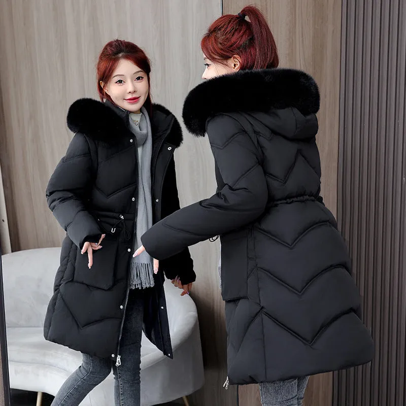 Women's mid-length cotton-padded jacket with removable fur collar in beige, loose fit, super thick polyester fabric, side view