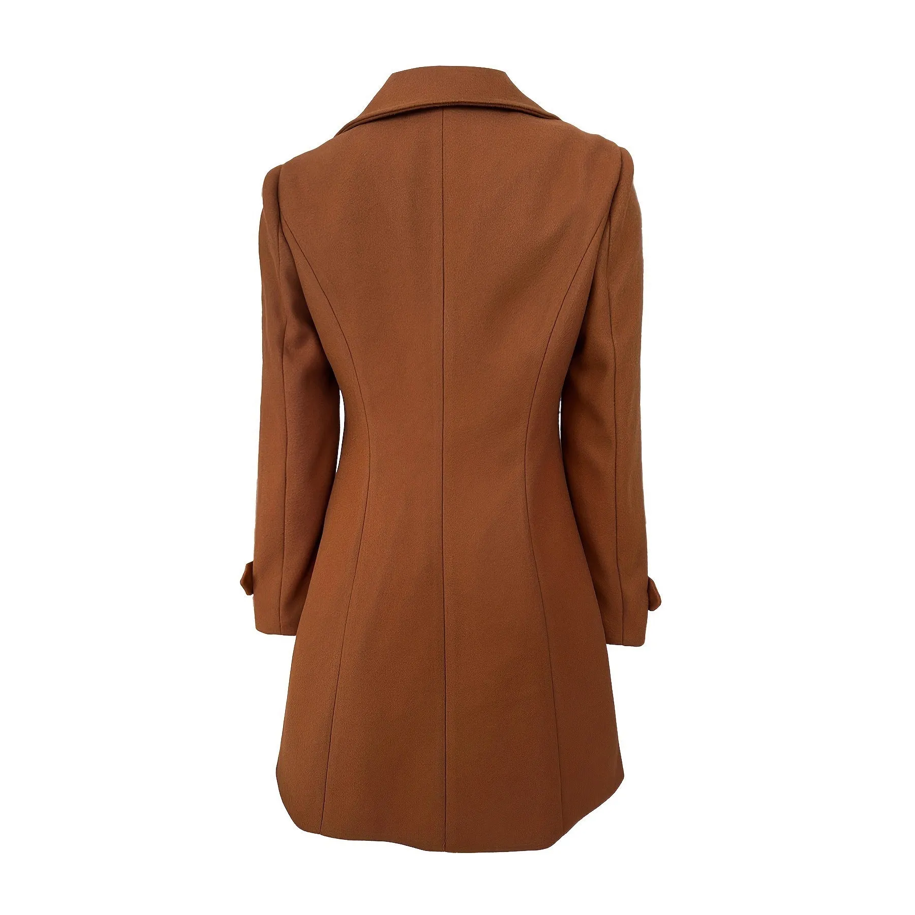 Women's dark brown double breasted chenille coat with splicing detail, slim fit, medium length, long sleeves