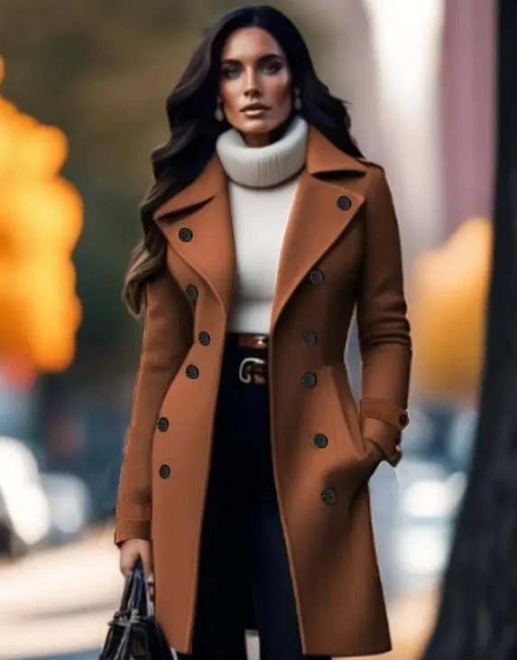 Women's dark brown double breasted chenille coat with splicing detail, slim fit, medium length, long sleeves