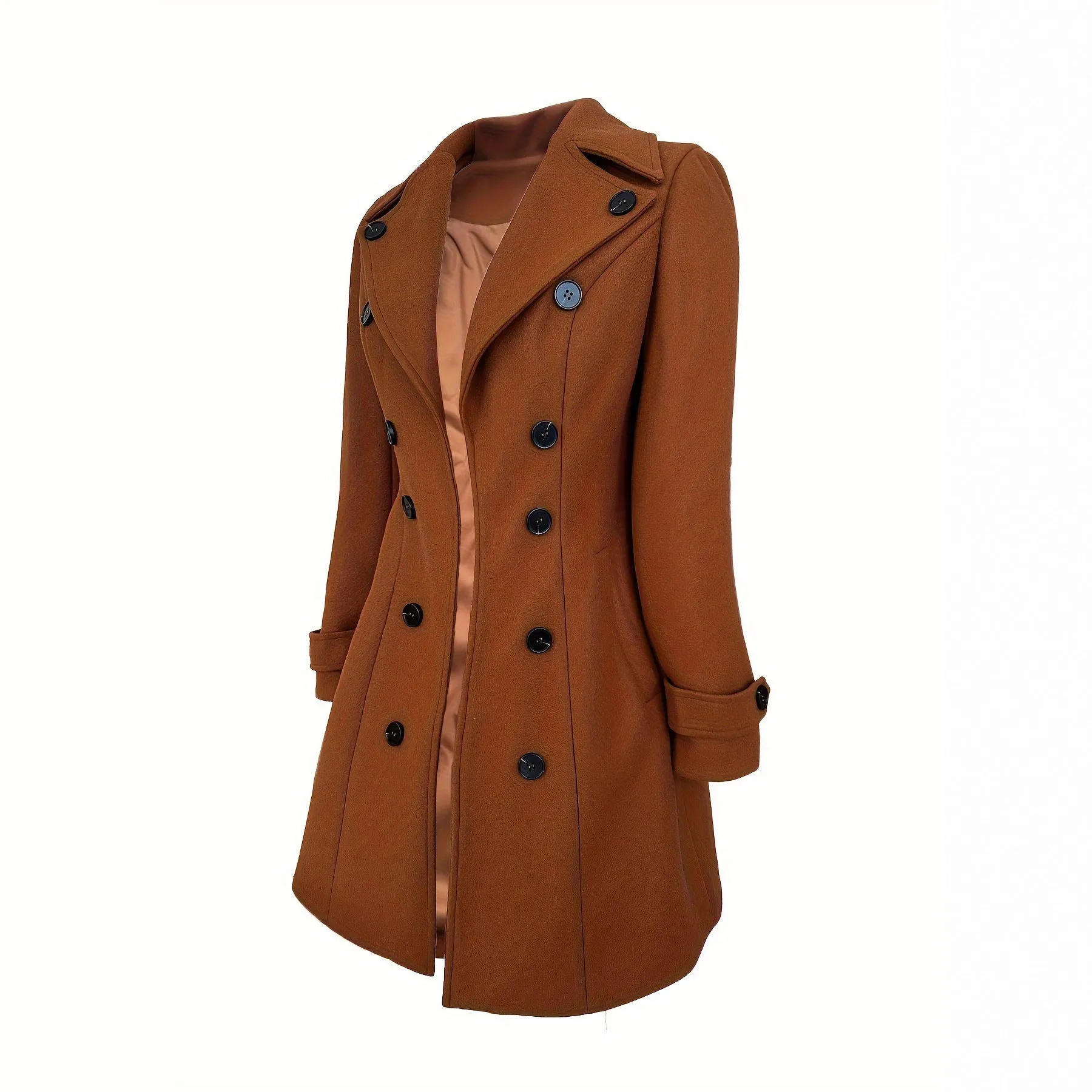 Women's dark brown double breasted chenille coat with splicing detail, slim fit, medium length, long sleeves