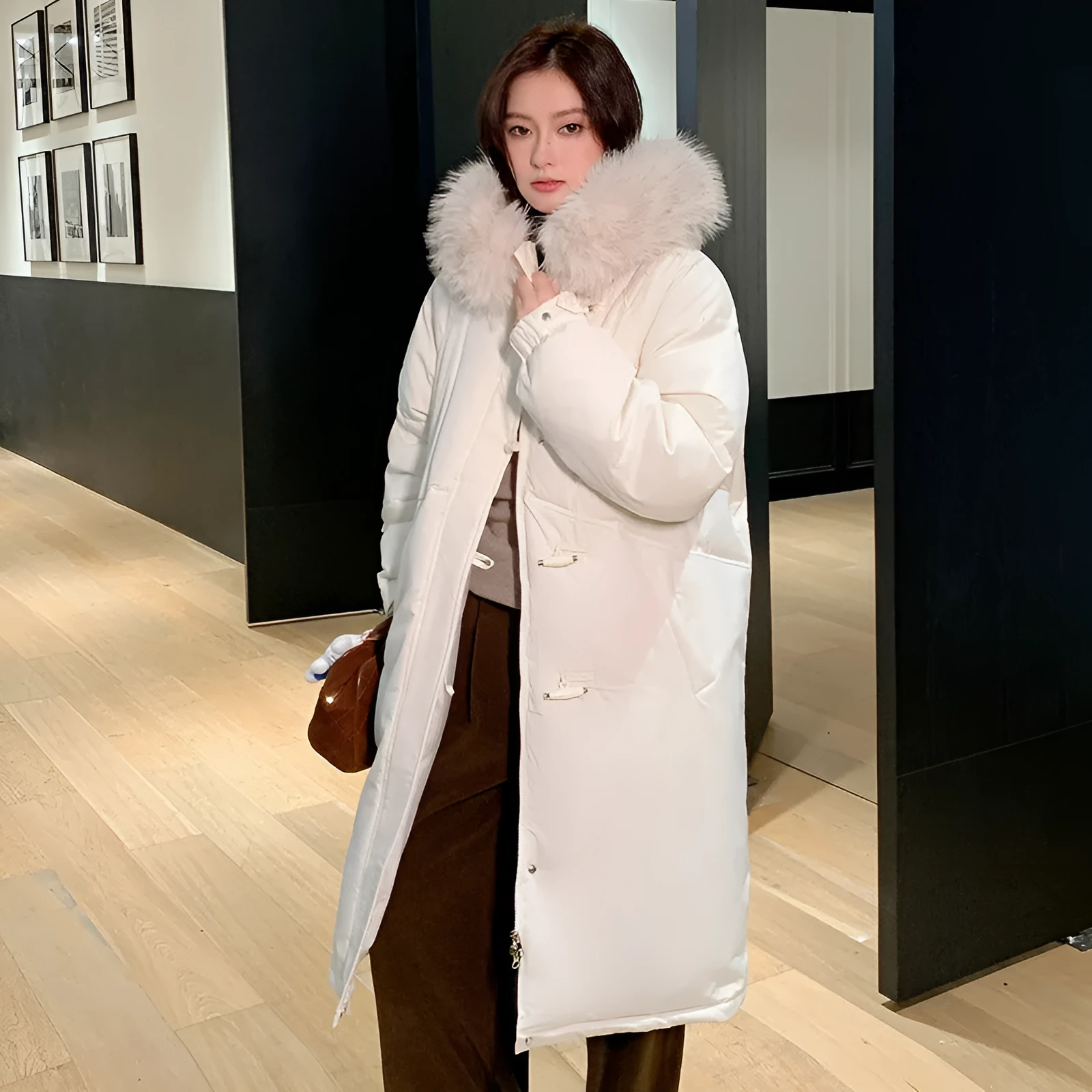 Women's Korean style loose thick polyester coat with Chinese knot buttons and fur collar in beige, black, gray