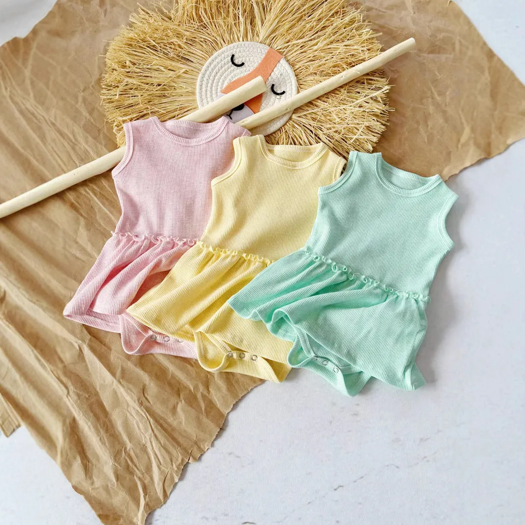 Baby girl sleeveless cotton waffle vest onesie in triangle jumpsuit style, three colour options available