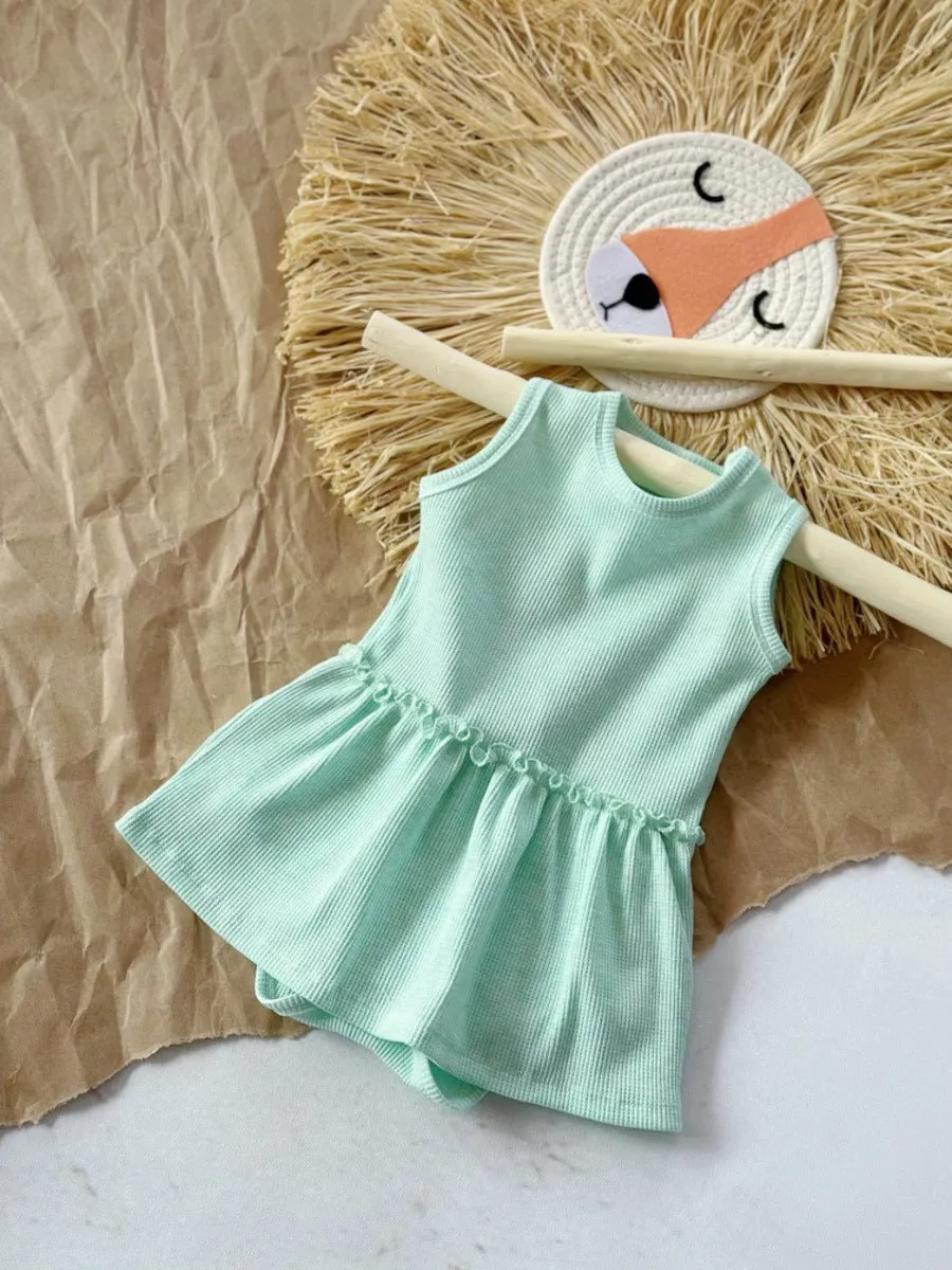 Baby girl sleeveless cotton waffle vest onesie in triangle jumpsuit style, three colour options available