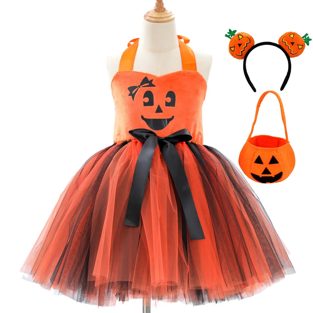 Children's creative festival Halloween cute pumpkin girl dress in orange yarn with mesh fabric and sling style