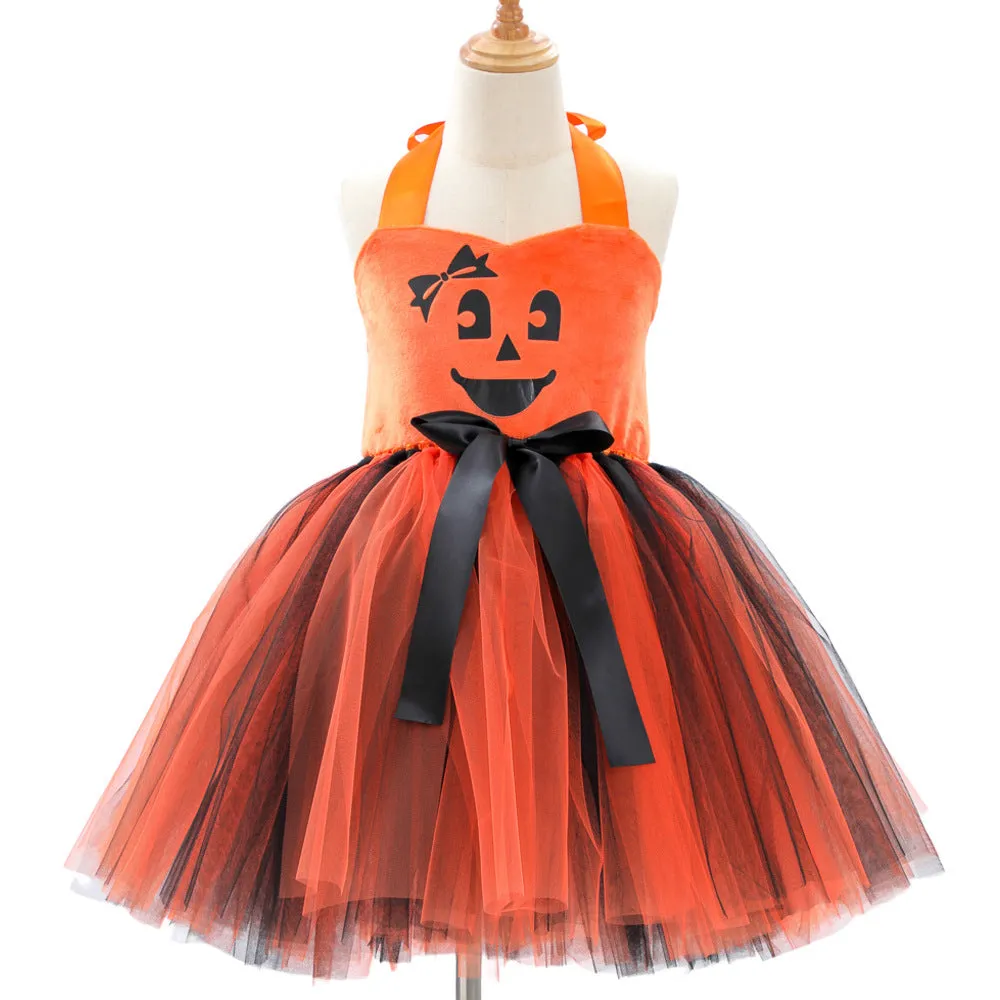 Children's creative festival Halloween cute pumpkin girl dress in orange yarn with mesh fabric and sling style