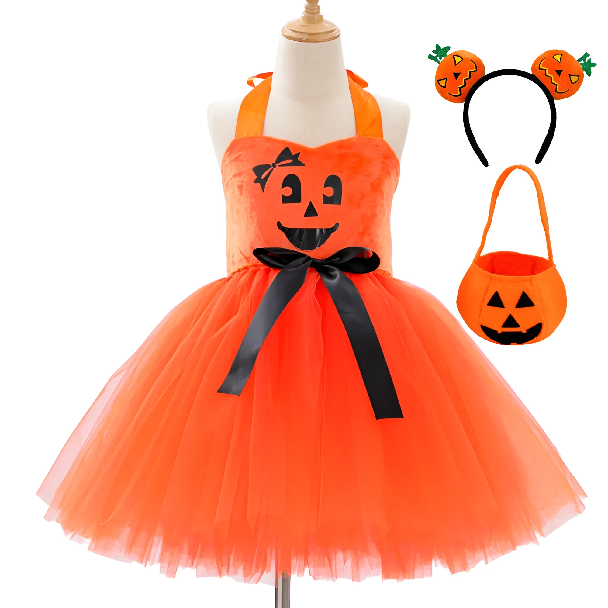 Children's creative festival Halloween cute pumpkin girl dress in orange yarn with mesh fabric and sling style