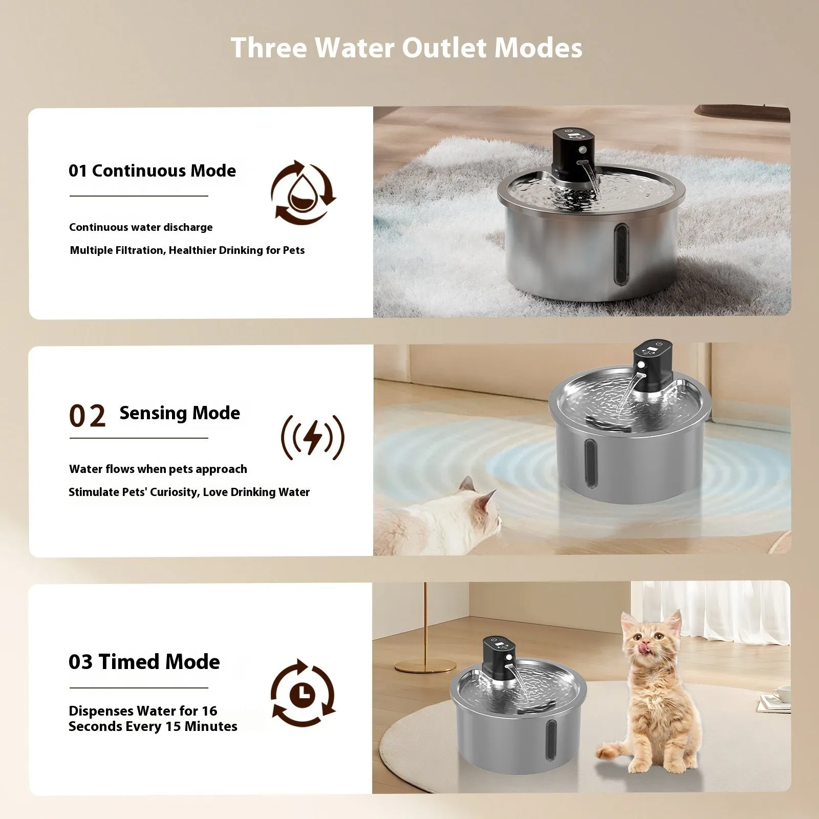 Stainless steel pet water fountain with heating base in black or white colour