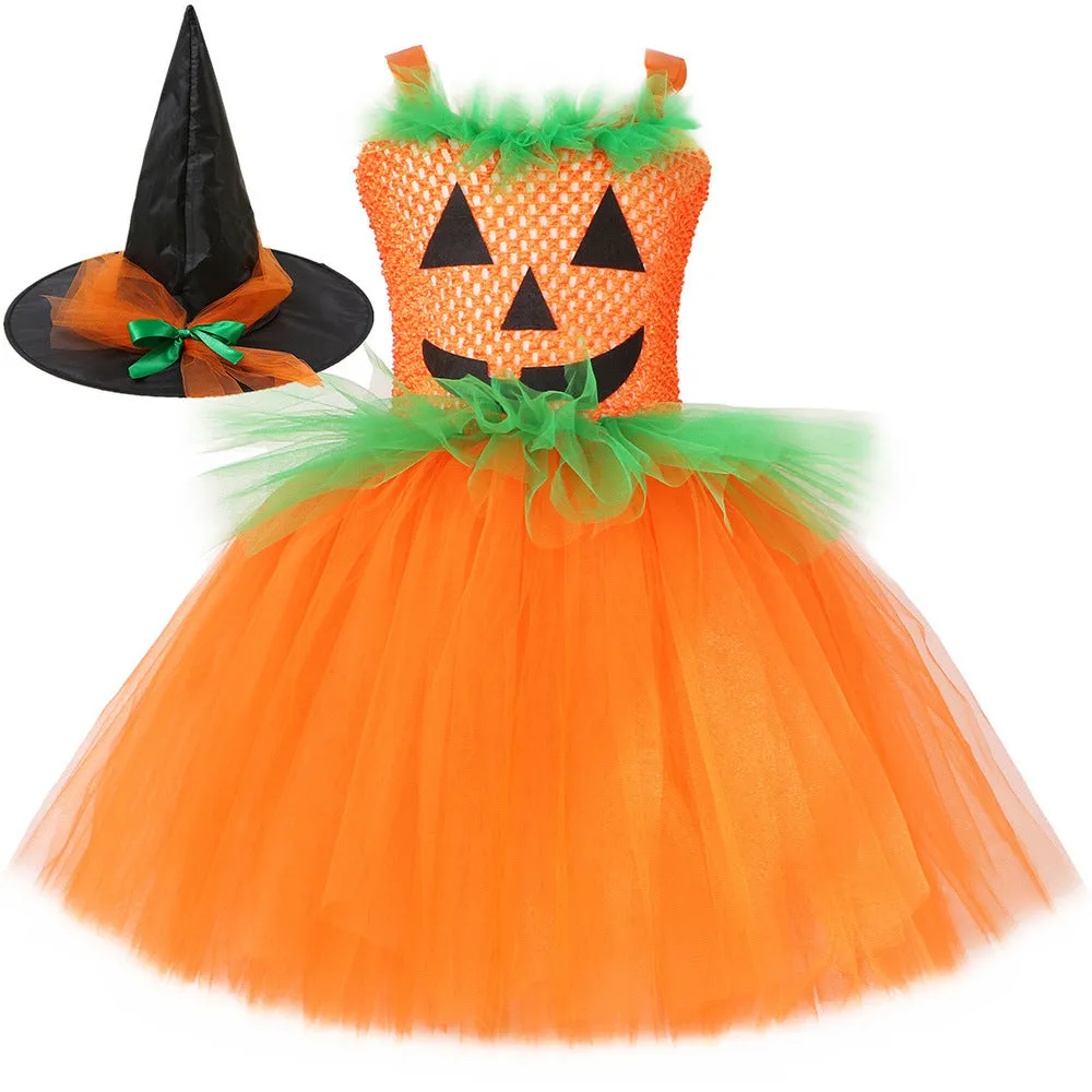 Girls' Halloween pumpkin skirt in nylon with matching hat, cartoon princess design