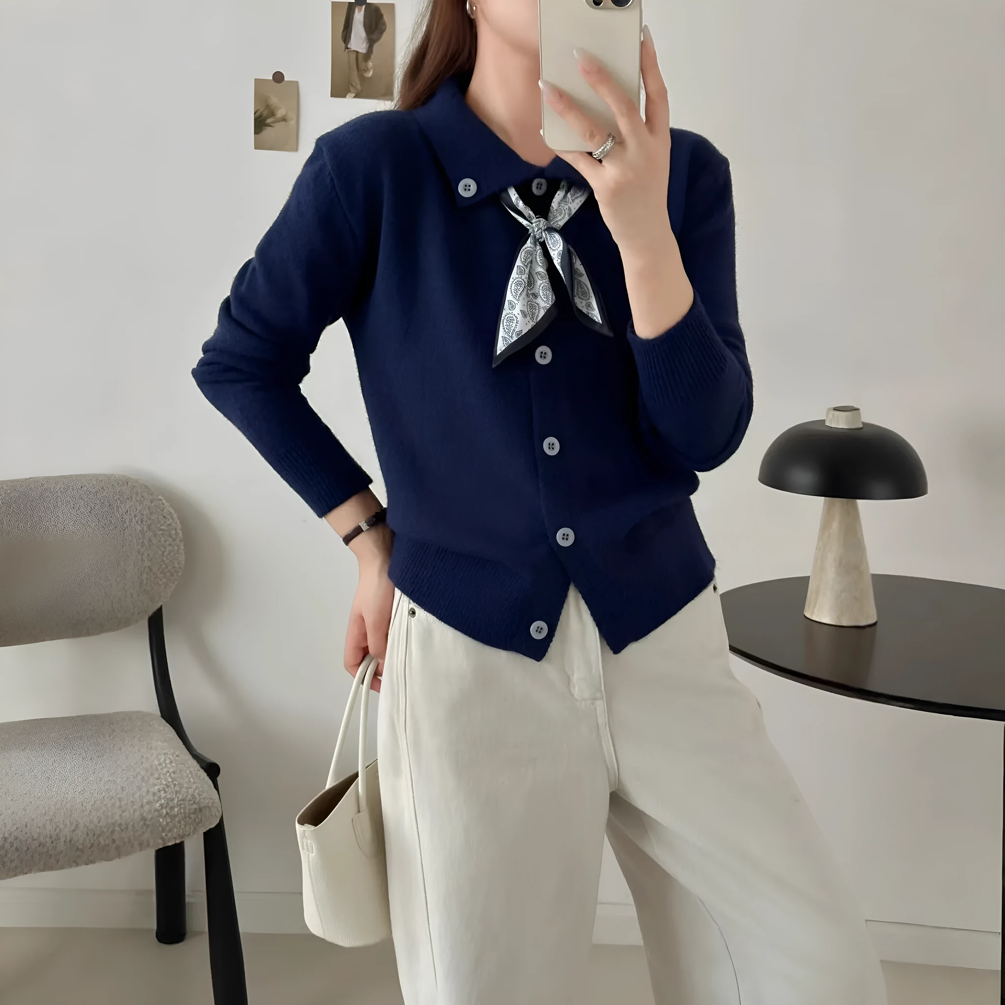 Beige lapel scarf style acrylic cardigan sweater with long sleeves and splicing detail.