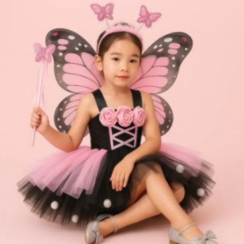 Little Witch flower mesh children's ballet tutu dress set in pink and black with accessories