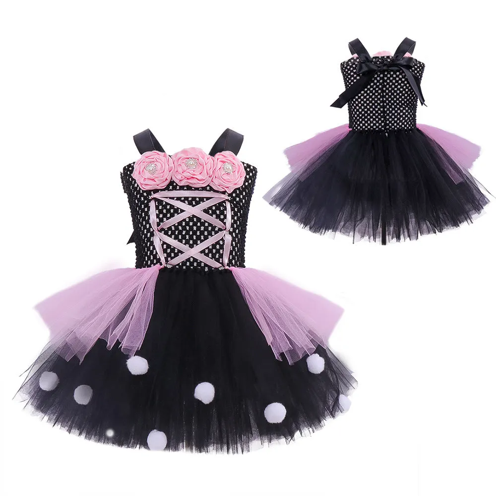 Little Witch flower mesh children's ballet tutu dress set in pink and black with accessories