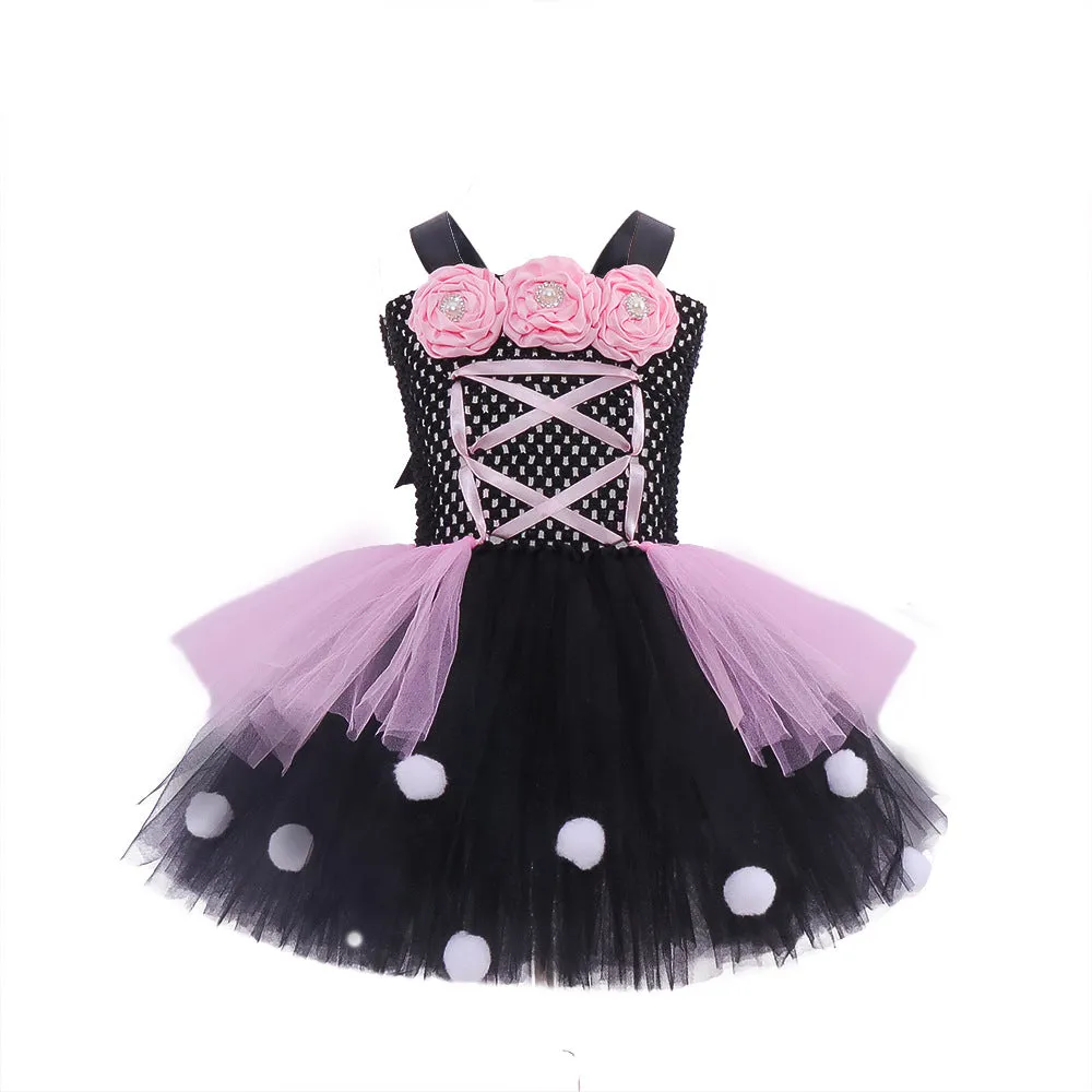 Little Witch flower mesh children's ballet tutu dress set in pink and black with accessories