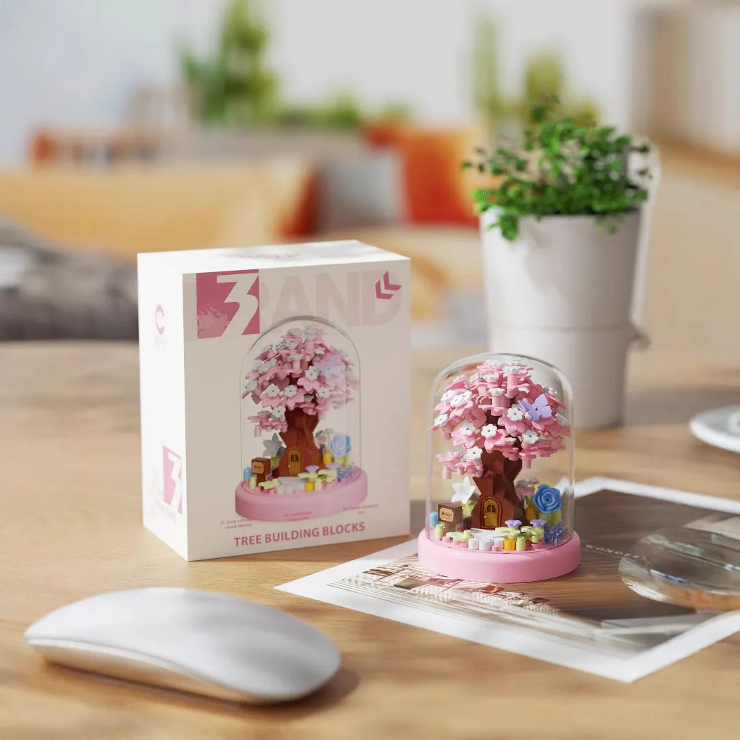 Micro particle building block set showing Cherry Blossom Tree House model in colour box