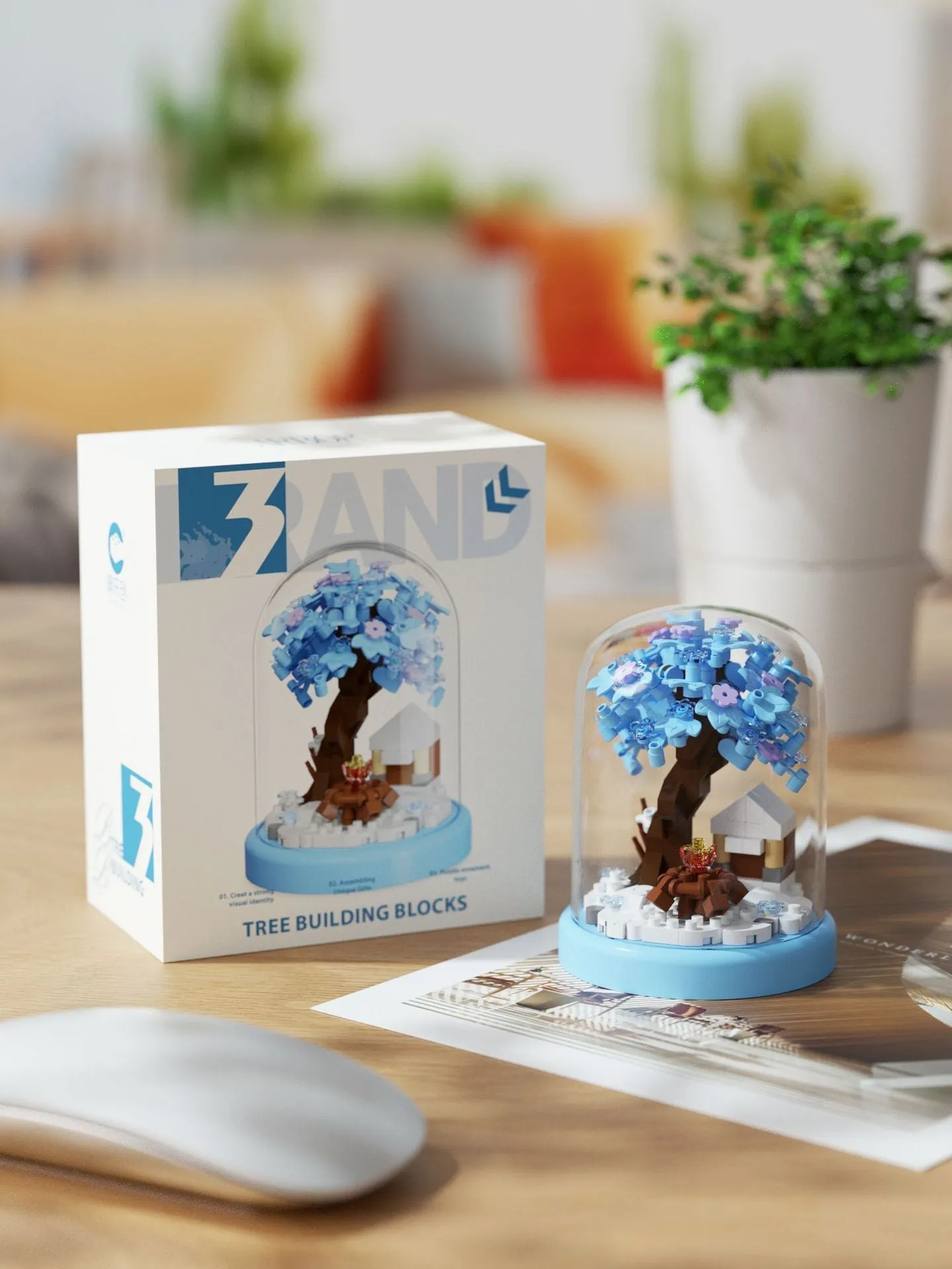 Micro particle building block set showing Cherry Blossom Tree House model in colour box