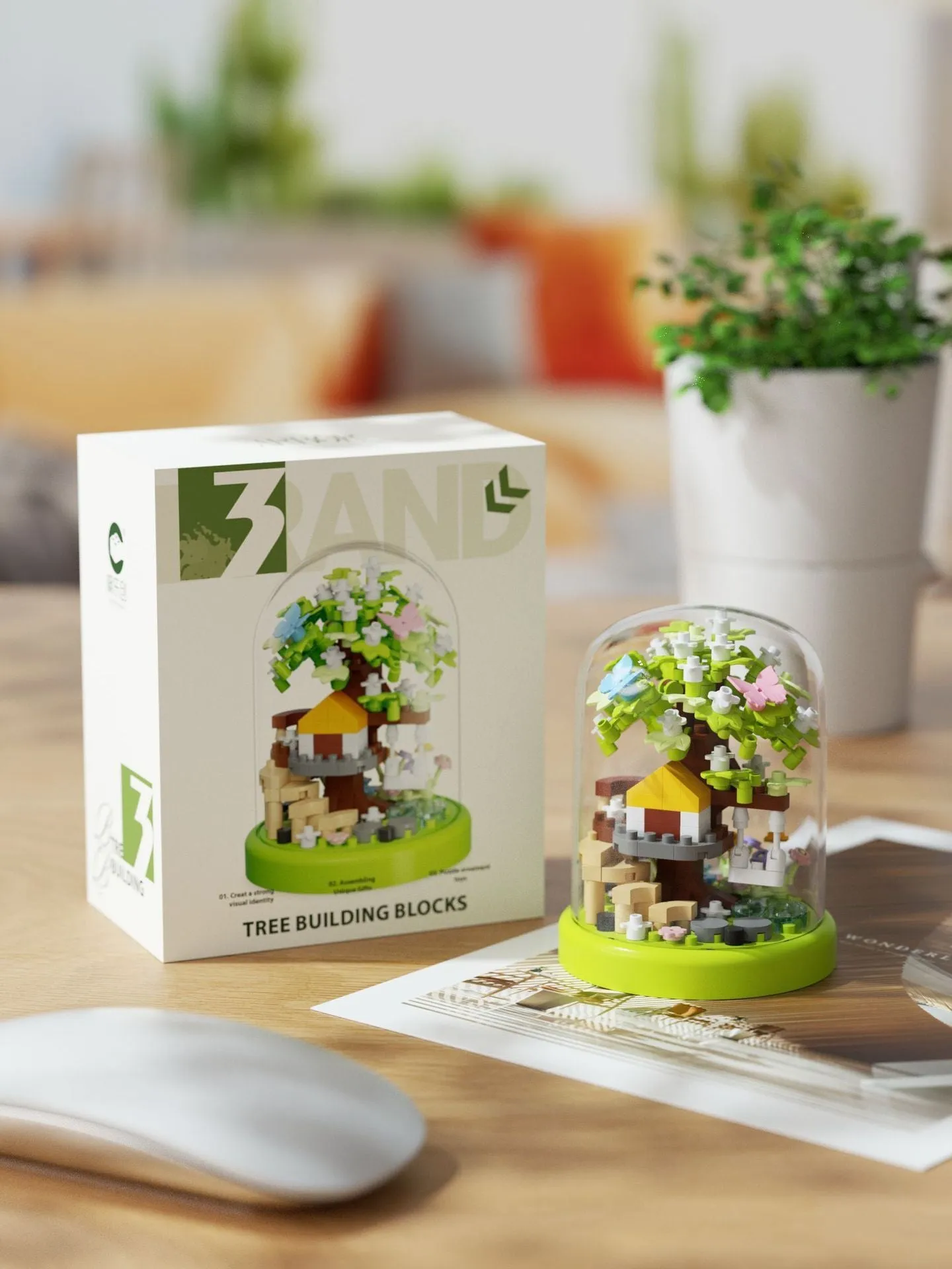 Micro particle building block set showing Cherry Blossom Tree House model in colour box