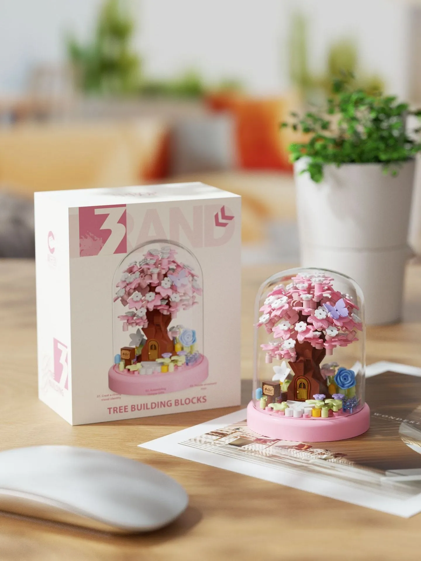 Micro particle building block set showing Cherry Blossom Tree House model in colour box
