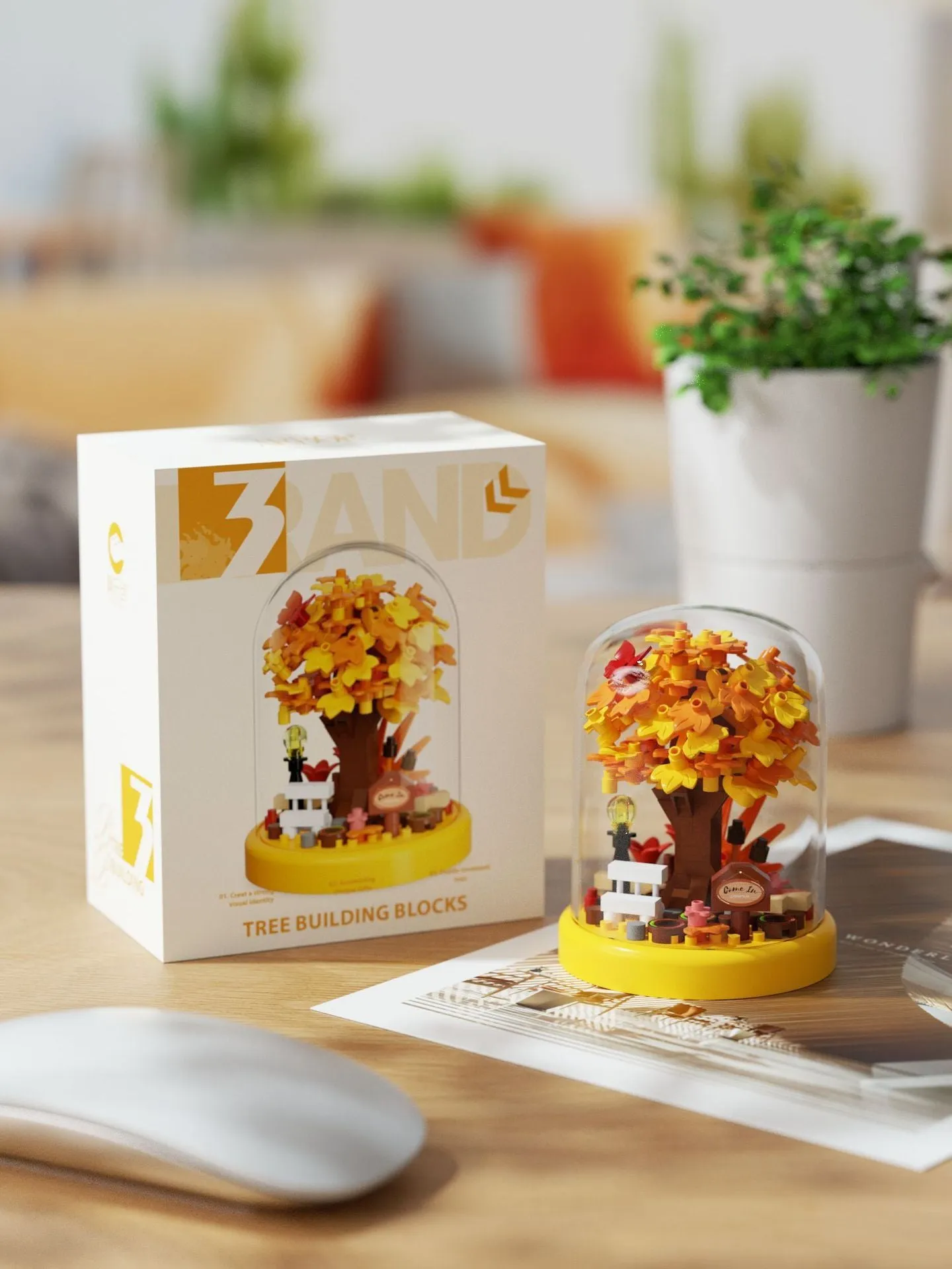 Micro particle building block set showing Cherry Blossom Tree House model in colour box