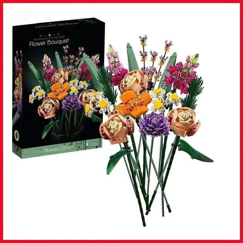 Building blocks preserved fresh flower bouquet Lucky Bamboo colour plastic assembled toy on tabletop