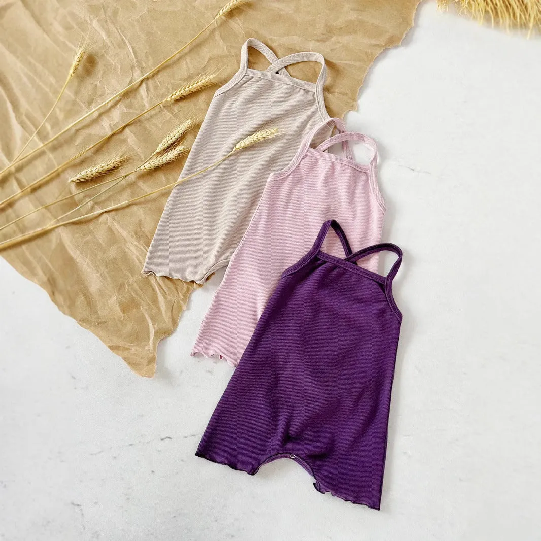 Baby sunken stripe camisole one-piece romper in modal fabric, pullover style, sleeveless triangle design for girls