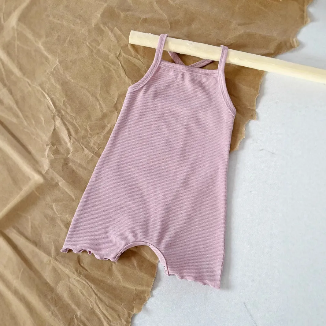 Baby sunken stripe camisole one-piece romper in modal fabric, pullover style, sleeveless triangle design for girls