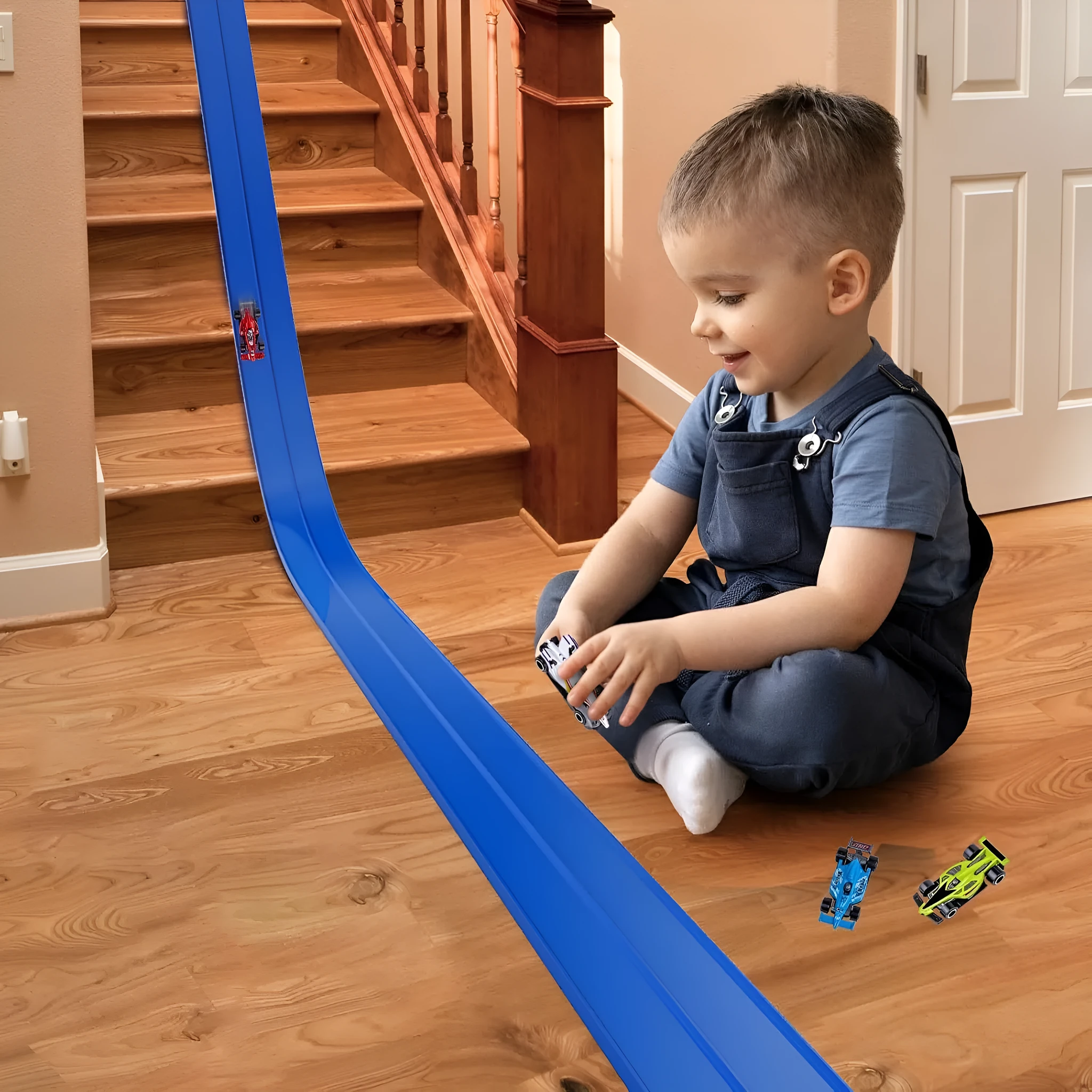 DIY double rail car PVC soft track set with anti-gravity magnetic assembly in blue colour