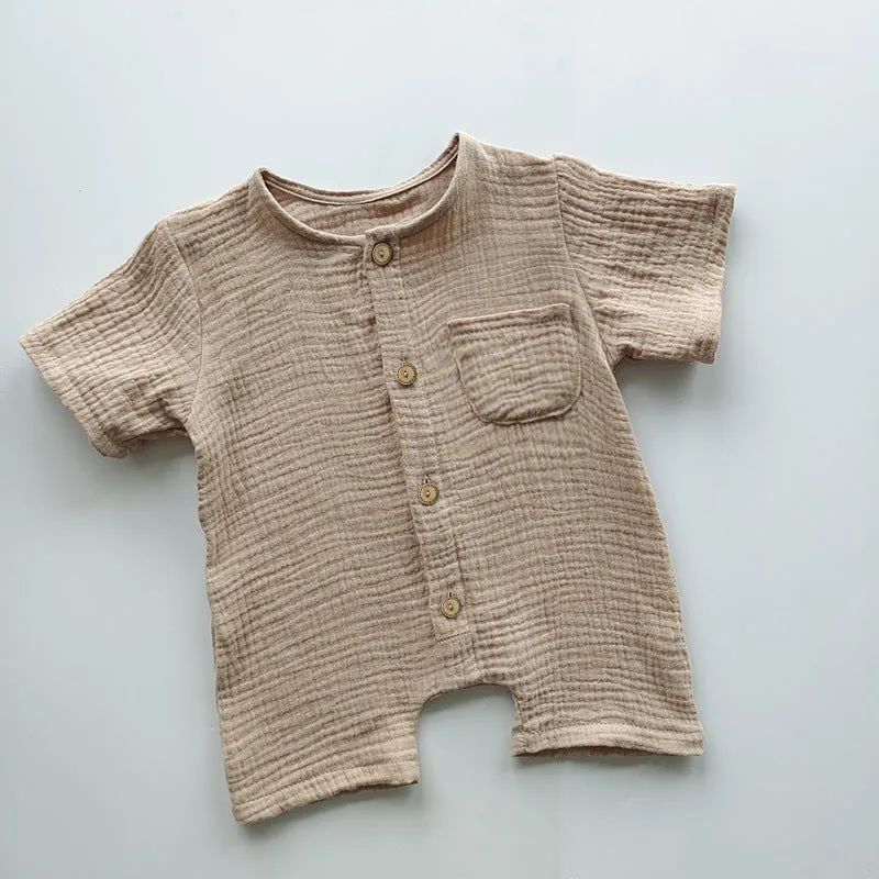 Cotton short-sleeved infant romper in peacock green, casual style for boys and girls, size 73