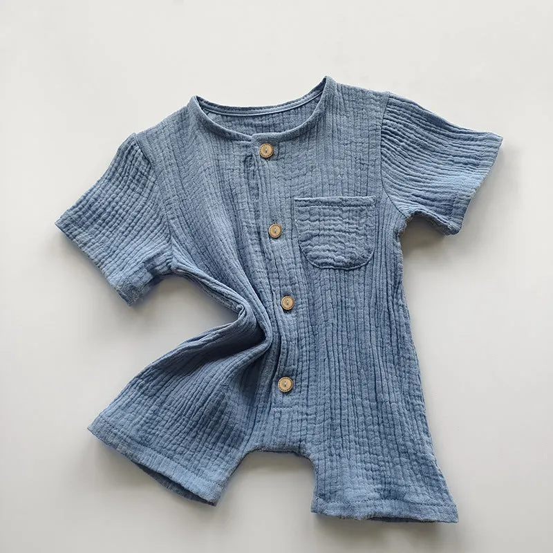 Cotton short-sleeved infant romper in peacock green, casual style for boys and girls, size 73