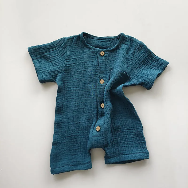 Cotton short-sleeved infant romper in peacock green, casual style for boys and girls, size 73