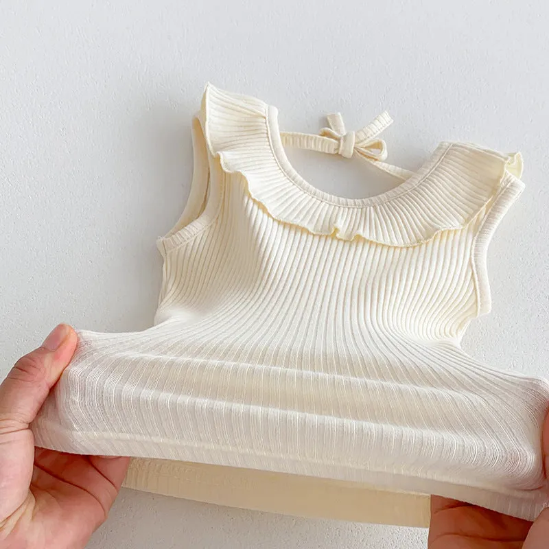 Beige cotton girls summer set with sleeveless ruffled collar top and double-layer bud-waisted shorts