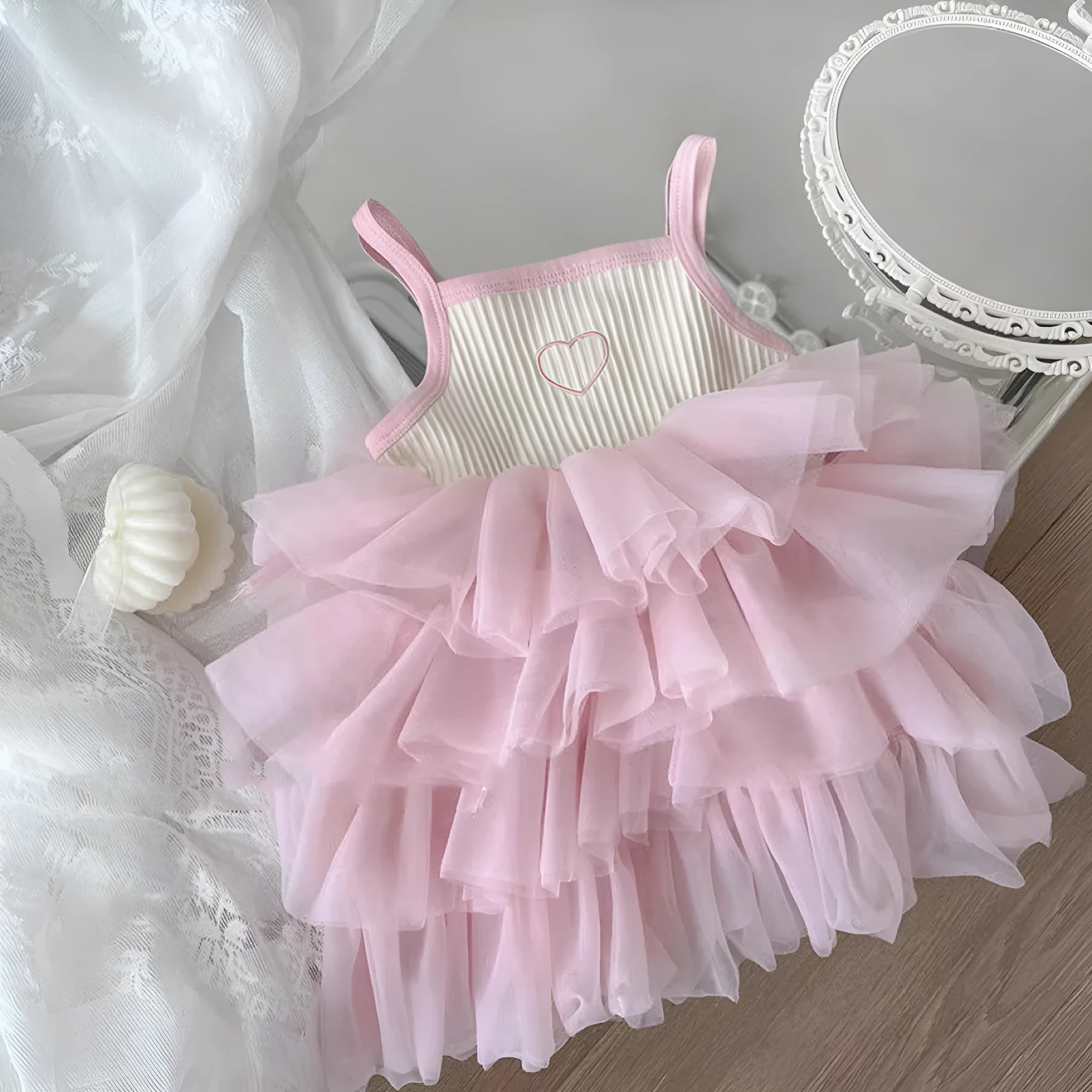 Girls cotton suspender baby cake dress in light blue, vest-skirt style, on a child, size 73-130cm