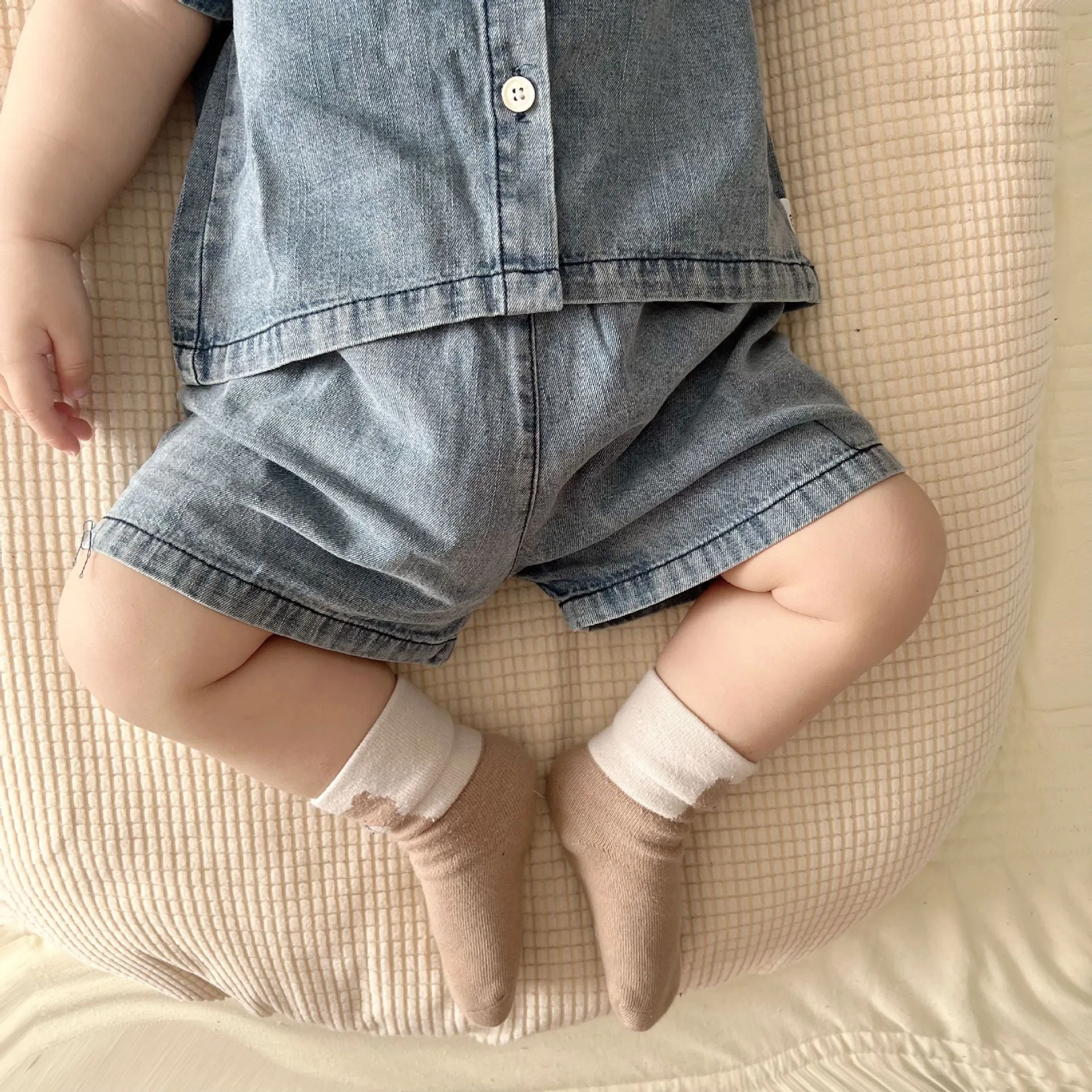 Children's cotton denim summer suit set in light blue with shorts, for heights 73-120cm
