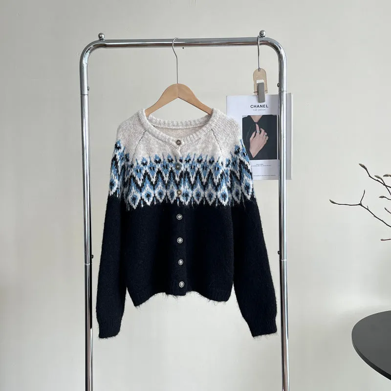 Women's loose fit jacquard knit sweater coat in contrast colours